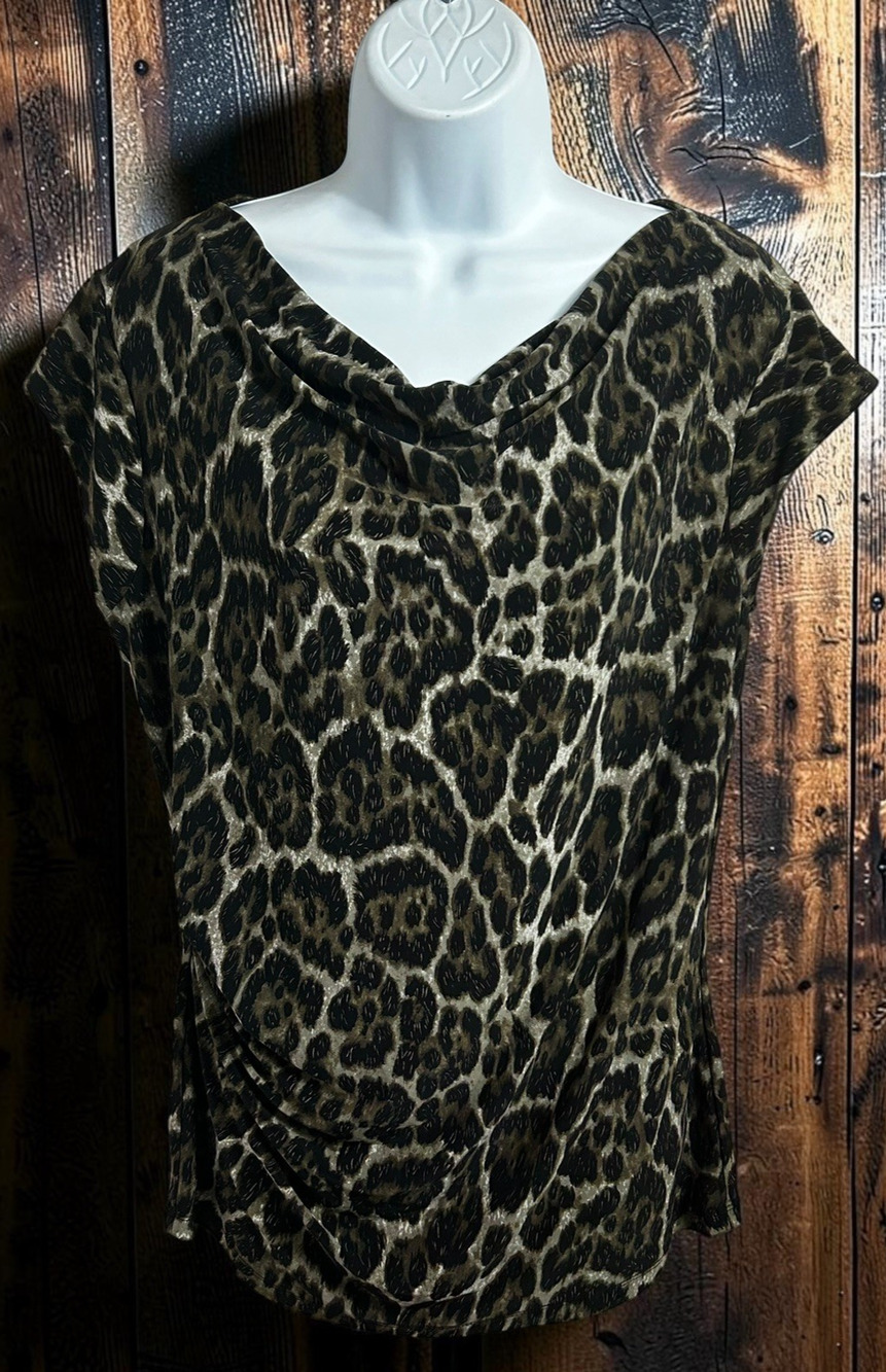 Vintage Anne Klein Animal Print Blouse Sz L Cowl Neck Cap Sleeve Y2K Retro Top